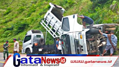 Akibat Jalan Licin, Truk Bermuatan Pupuk Terbalik di Tanjakan Sembalun